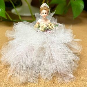 Vintage Wedding Cake Topper 4 inches Off White Tulle Dress Bride